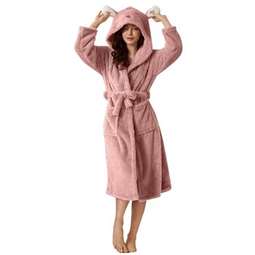 Kcodviy Women's Double Pocket 3D Plus Size Womens Robe with Pockets Ear Hooded Flannel Bathrobe Japanese Kimonos for Women Plus Size Soft and Warm Double Faced Velvet Bathrobe Pajamas and Home Wear