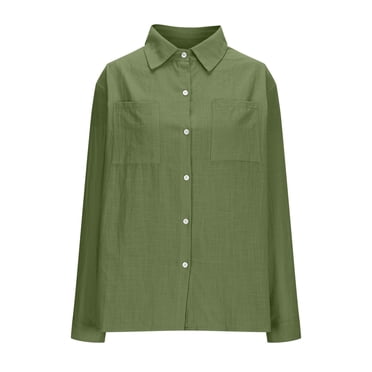 Button Down Shirts for Women Dressy Casual Cotton Linen Shirt Long Sleeve Tops Solid Office Business Work Blouses, Green, XXL