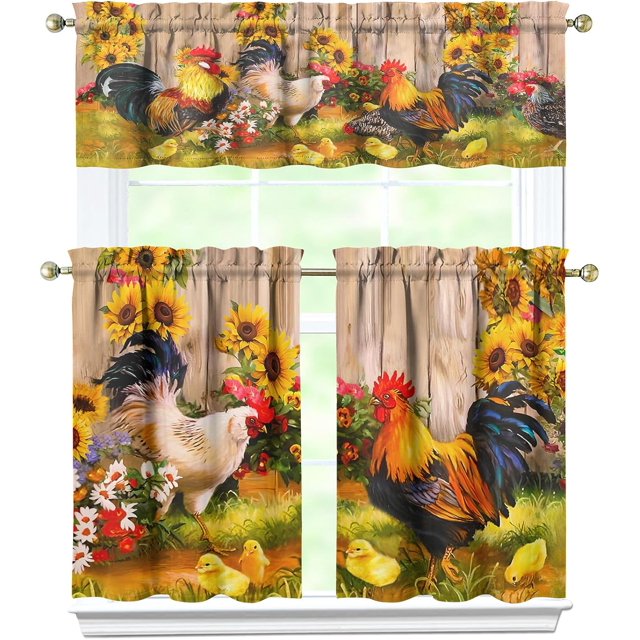 3 Piece Chicken Kitchen Curtains and Valances Set for Windows Rooster Kitchen Window Curtains Over Sink Decor 27.5x36 in