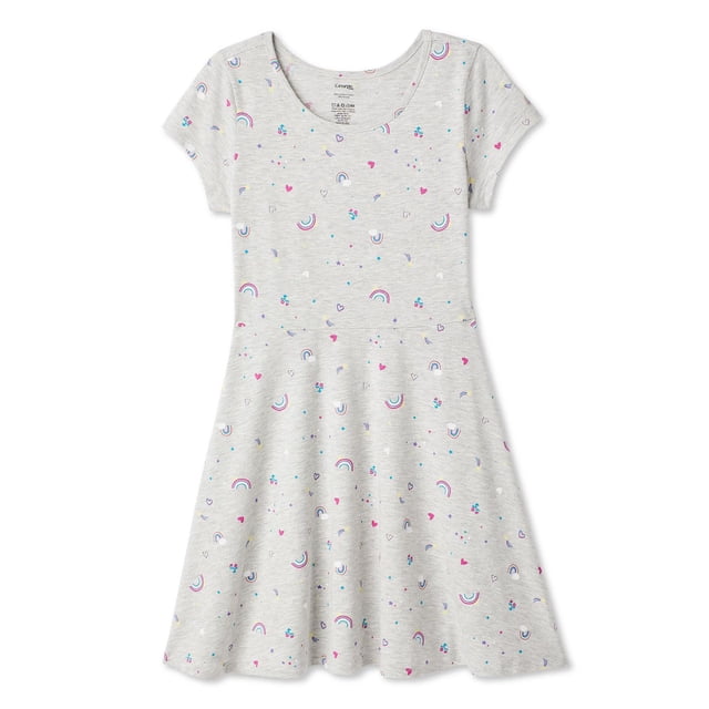 George Girls' Skater Dress in grey soft jersey knit with 98% cotton and 2% viscose, featuring a crew neck, short sleeves, and an all-over print of rainbows, hearts, stars, and cherries. This A-line casual dress is ideal for school or play and pairs well with sneakers or flats.