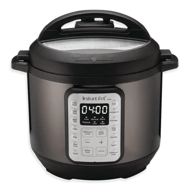 Instant Pot Viva Autocuiseur Noir avec Panneau de Commande Numérique Offrant des Fonctions comme la Cuisson à Pression, le Sauté, la Cuisson Lente, la Cuisson du Riz, la Fabrication de Yogourt et la Stérilisation. l'Extérieur en Acier Inoxydable Complète Son design Moderne. les Caractéristiques Incluent 3 Programmes Intelligents pour Gâteau, Oeuf et Stériliser, un Microprocesseur pour une Cuisson Précise, et Plus de 10 Caractéristiques de Sécurité pour une Commodité et une Fiabilité Accrues.