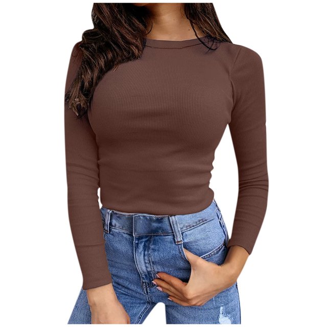 IROINID Reduced Womens Long Sleeve Tops Fall Stretch Slim Fitted Ribbed T-Shirt Blouse Solid Basic Tops,Coffee