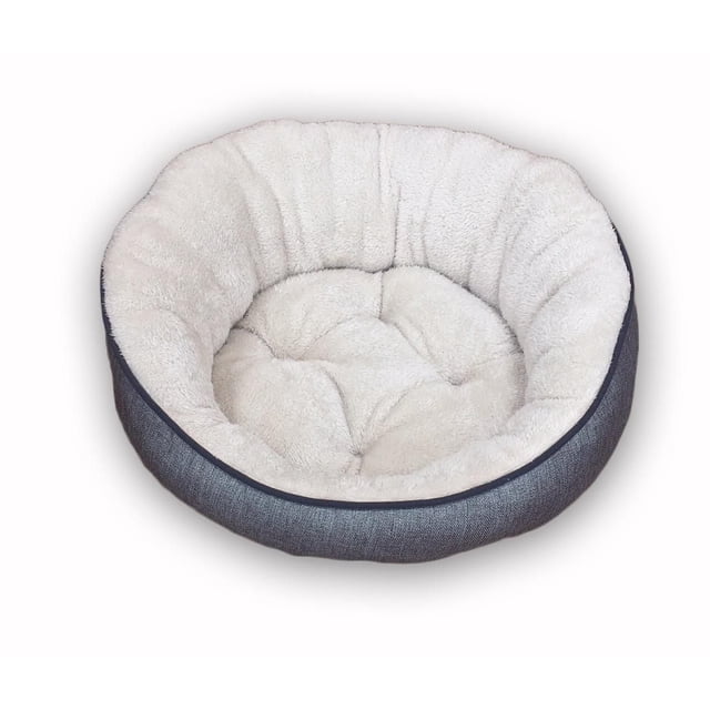 Vibrant Life Small Oval Cuddler Dog Bed with grey faux linen exterior and cream plush interior cushion filled with green poly fiber, shaped in a small oval for dog comfort and support, often used as a cozy resting spot for small pets.