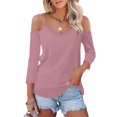 thumbnail image 1 of RXIRUCGD Femmes Uni Manches 3/4 Col en V Chandail Sans Bretelles Hauts Chemises Blouse, Rose, Taille : M, 1 of 7