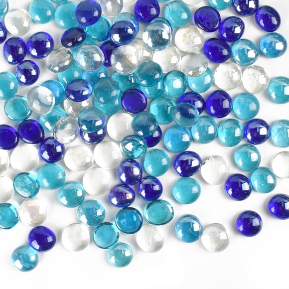 HUIANER 120Pcs Decorative Flat Glass Marbles 17-19mm Rock Vase Filler Mixed Colour for Fish Tank Table Scatter Decor (Transparent, Cobalt Blue, Sea Blue)