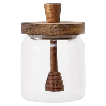 BINGLI Honey Pot Dispenser, Airtight Glass Honey Jar with Bamboo Lid and Dipper Stick, Honey Container for Syrup Jam Jelly Home Kitchen Storage, Cute Jar (500ml, 17oz)