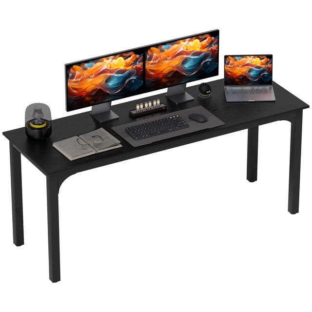 HOMCOM 71" Computer Desk in distressed black with metal legs, featuring an industrial-style wood grain surface made from durable particleboard. The desk accommodates multiple monitors, keyboards, and accessories, supported by sturdy steel legs with adjustable foot pads for stability on uneven floors. Versatile for use as a home office desk, dining table, or compact conference table.