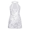thumbnail image 2 of Yanarno Combinaison Short de Danse pour Filles, Col Licou, Paillettes, Fête de Noël, Rumba Samba, Argent, 8, 2 of 5