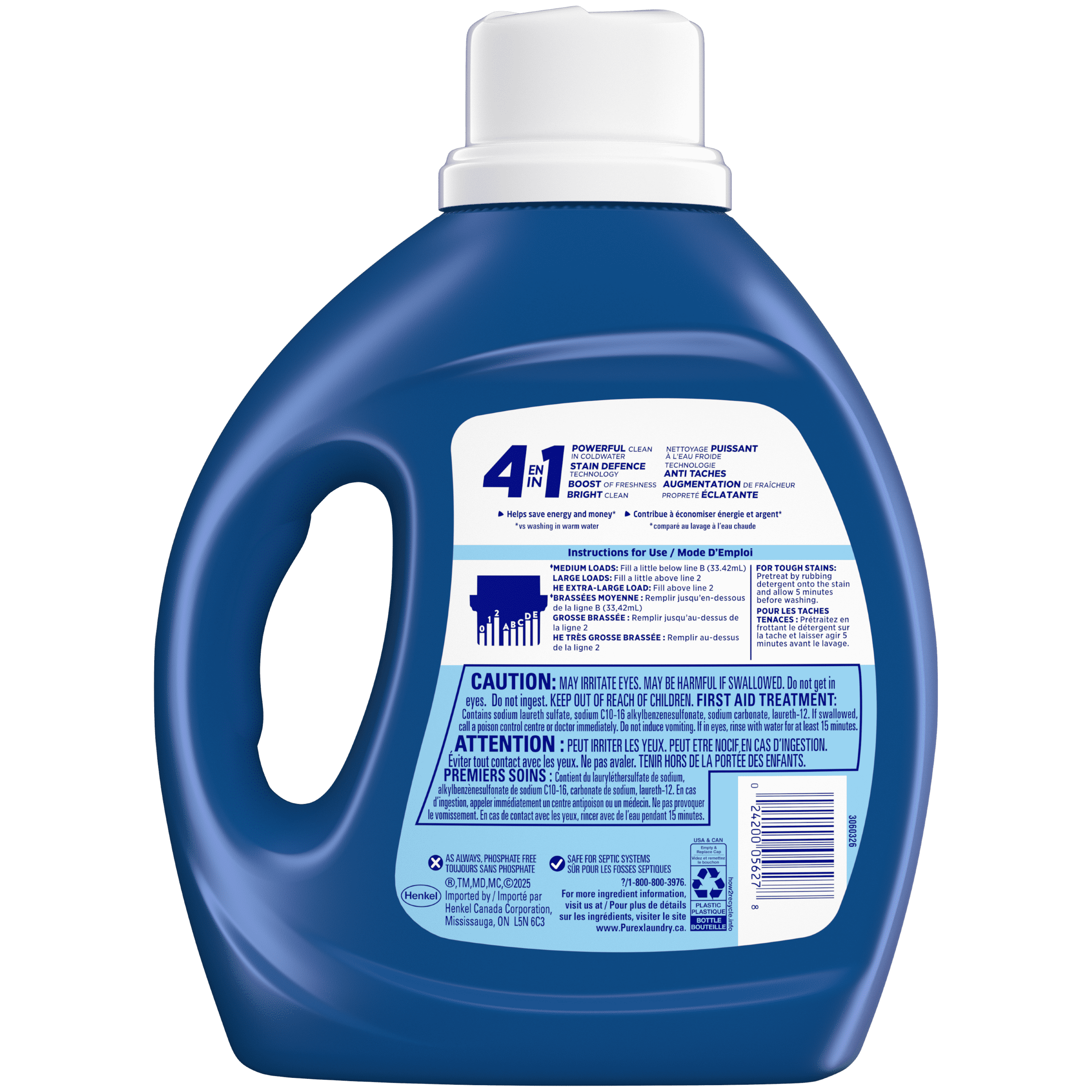 Détergent à lessive liquide concentré avec bénéfices 4-en-1, Purex Eau froide, puissant contre les taches, ravive et blanchit les vêtements, 1,94 L, 58 brassées, compatible avec les laveuses HE