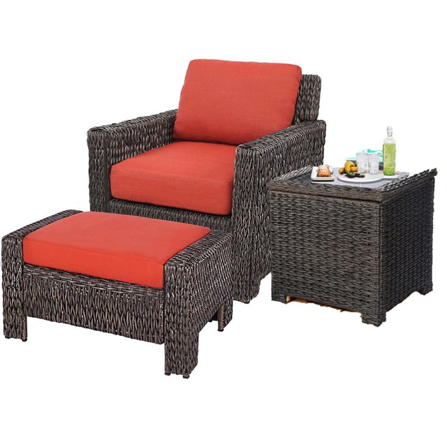 Krikacy Armchair with Footstool&Storage Side Table,All-Weather Rattan Furniture for Patio Deck, Red