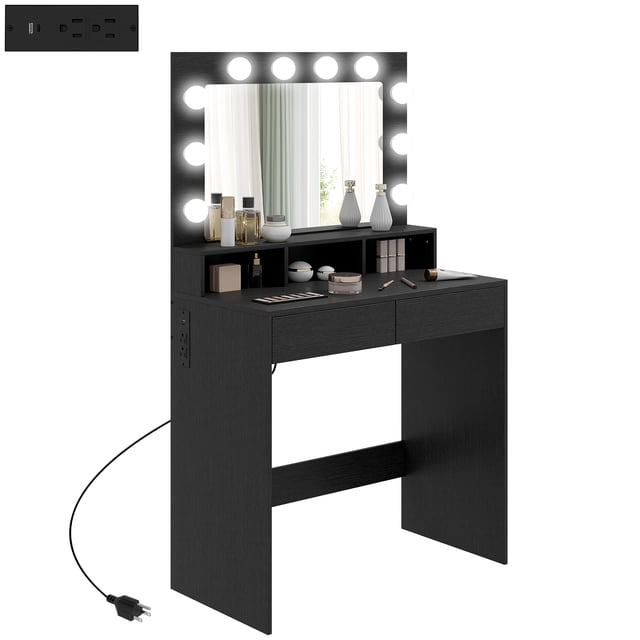 HOMCOM Coiffeuse avec Miroir DEL et Station de Recharge en Noir. Comprend un Grand Miroir Entouré de 10 Ampoules de Style Hollywood avec Trois modes d'Éclairage Réglables. Comprend un Plateau Spacieux, Deux Tiroirs Coulissants Fluides et Trois Compartiments pour un Rangement Organisé. Prise de Courant Intégrée et ports USB pour un Chargement Pratique de l'Appareil. Fabriquée en Panneau de Particules Enduit de Mélamine au design Nordique Épuré. Dimensions : 31,5 Pouces de large, 15,7 Pouces de Profondeur et 53,1 Pouces de Hauteur.
