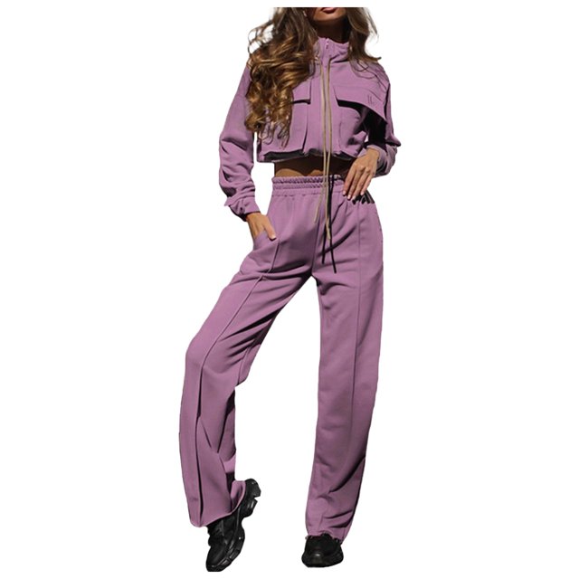 Fgnfyis Womens Tracksuits Set Womens Cargo Pant Two Piece Outfit Drawstring Full Zip Cropped Work Jacket & Drawstring Long Pant Sets Casual Pocket Solid Color Sweatsuit Trousers Sets Light Purple XXL