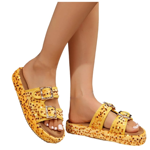 IUJSOY Womens Sandals Cork Footbed Slide Summer Beach Platform Sequin Adjustable Buckle Slippers