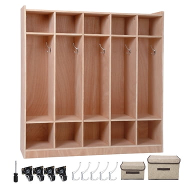 Ourlova Casier à Manteaux de Classe à 5 Sections, 10 Casiers pour Salles de Classe, Casier de Garderie avec 4 Roulettes, 5 Crochets et 2 Boîtes de Rangement, pour la Maison