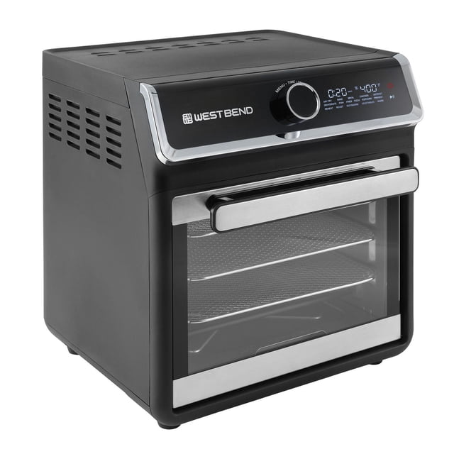 West Bend Four Friteuse à Air Chaud de 15 Qt en Noir avec accents en Acier Inoxydable, Doté d'Un Affichage Numérique DEL Incliné et d'Un Cadran de Commande, d'Une Porte en Verre avec Poignée en Acier Inoxydable, et de Trois positions de Grille à l'Intérieur de Ce Petit Appareil compact Conçu pour des Préréglages de Cuisson Polyvalents.