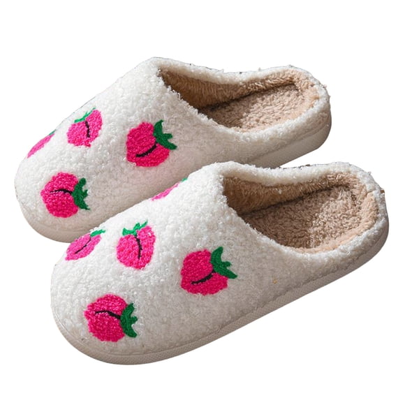 Fruit Slippers for Women Cute Strawberry Cherry Fuzzy Memory Foam Indoor Bedroom Slip on House Shoes White