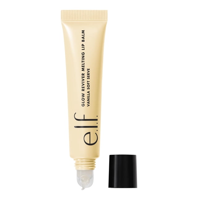 e.l.f. Cosmetics Glow Reviver Melting Lip Balm Vanilla Soft Serve, 15 g, in a beige squeeze tube with black text and a clear applicator tip, black cap removed and placed beside, ideal for moisturizing lips and adding a subtle glow.