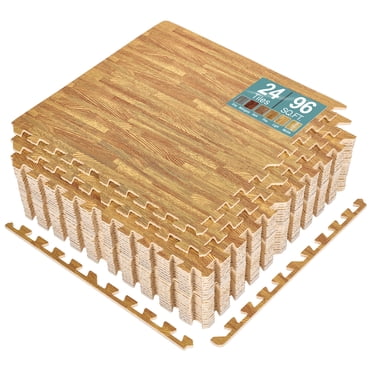 Sorbus Tuiles de Plancher à Grain de Bois de 96 Pi2 Tapis en Mousse EVA Tuiles Emboîtables Tuile Revêtement de Sol de 3/8 Po d'Épaisseur Tapis d'Exercice en Casse-Tête de Bois avec Bordures - Maison Salle de Jeux sous-Sol, Appartement, Salon Professionnel, Bébé, Danse
