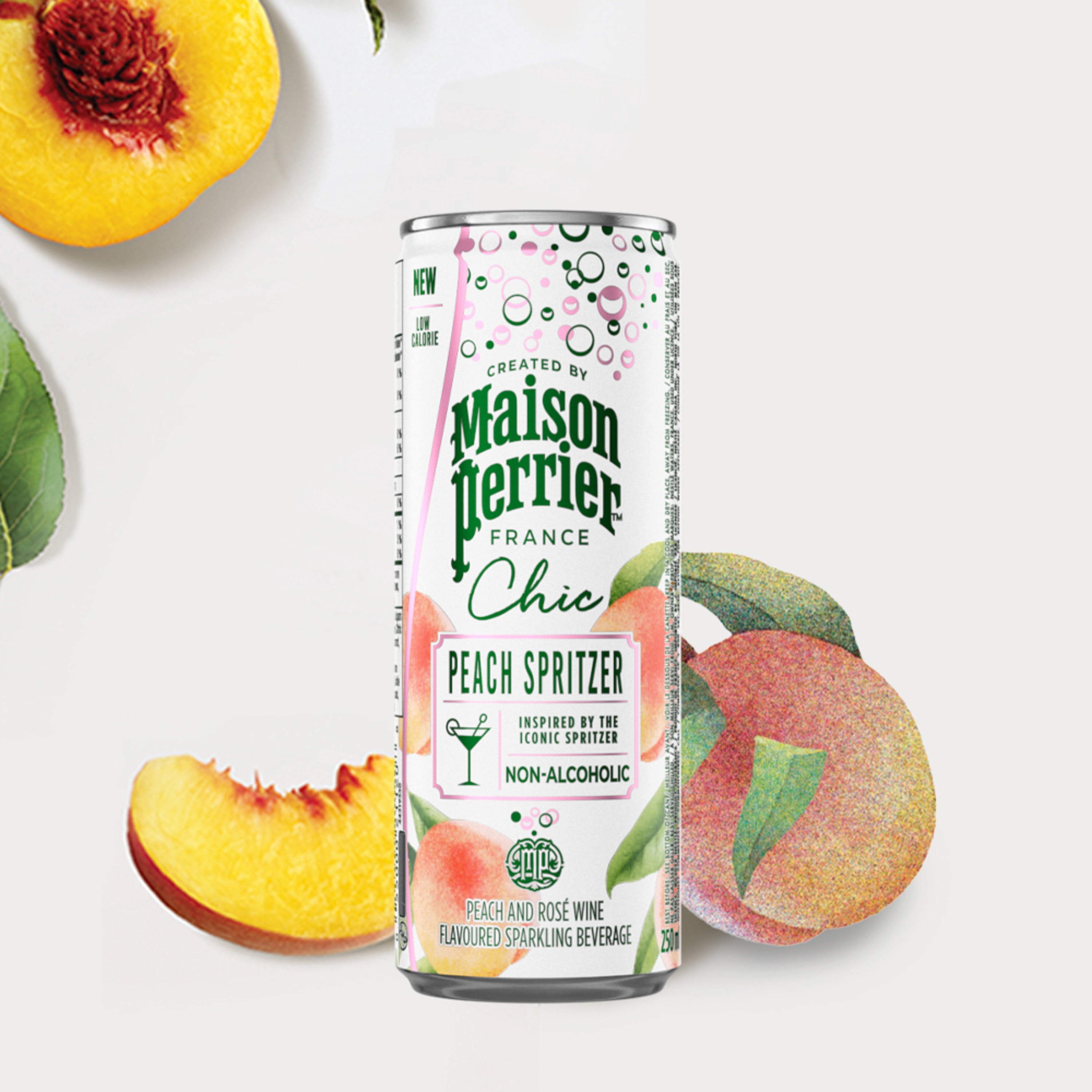 Maison Perrier Maison Perrier Chic Spritzer à la Pêche, Non Alcoolisé, Boisson Pétillante Aromatisée à la Pêche et au Vin Rosé, Cocktail Sans Alcool Faible en Calories, Prêt à Boire 4X250ML