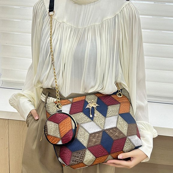 Ensemble de Sacs Fourre-Tout Colorblock pour Femmes / Grand Sac à Bandoulière et Portefeuille / Cuir Synthétique / Poignée Supérieure / Pochette / Multicolore / 30x20x8 cm / Lot de 2 / Voyage Magasinage Travail