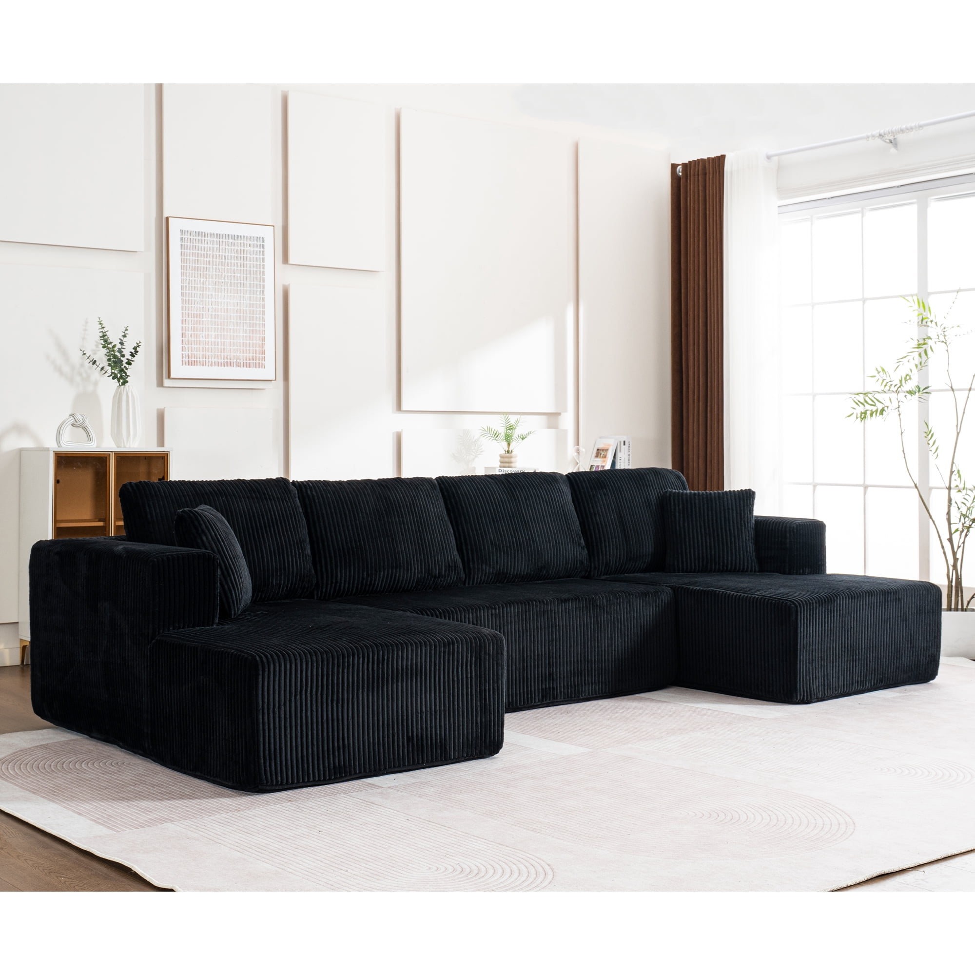 Canapé-lit Noble House moderne et décontracté en forme de U, sans cadre, modulable avec fauteuil inclinable, Noir