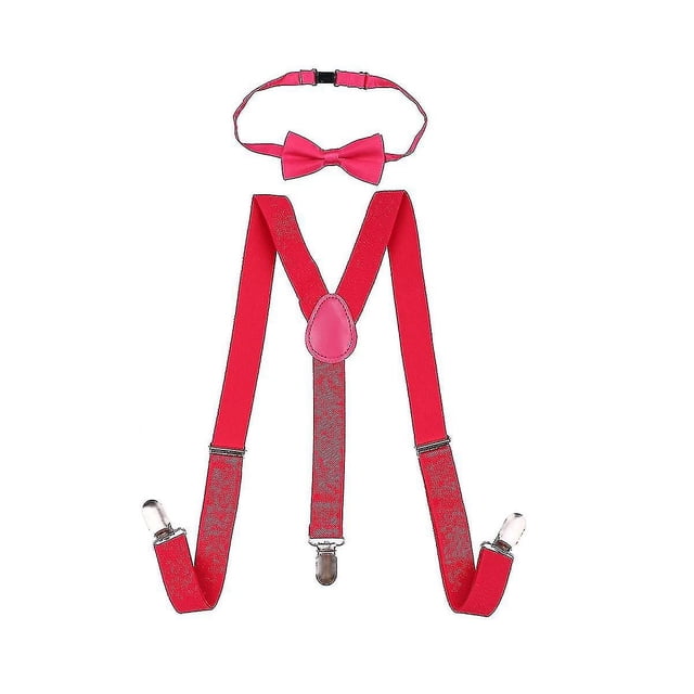 Kids Bow Tie and Adjustable Elastic Suspender Braces for Boys in a vibrant hot pink color. The set includes a satin polyester bow tie with a smooth, luxurious finish and adjustable elastic suspenders with silver-tone metal clip-on attachments for secure fastening. Designed for children aged 1 to 16 years, the suspenders are made from durable, stretchable elastic polyester, ensuring comfort and a stylish look. Suitable for various occasions and outfits.