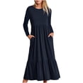 thumbnail image 1 of cfhntfmh Robes Maxi pour Femmes Décontractées d'Automne à Col Rond à Manches Longues Robe Fluide Mode Plissée à Étages Robe Trapèze avec Poches, 1 of 4