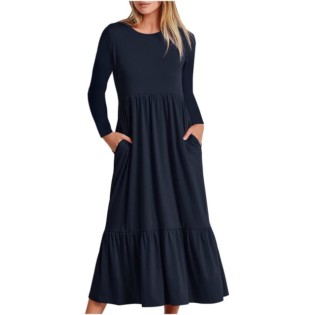 cfhntfmh Robes Maxi pour Femmes Décontractées d'Automne à Col Rond à Manches Longues Robe Fluide Mode Plissée à Étages Robe Trapèze avec Poches