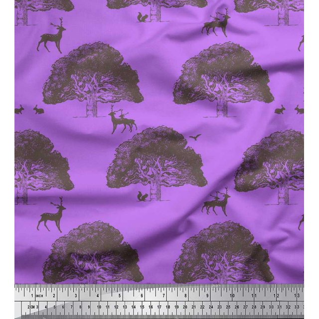 Soimoi Georgette Viscose Fabric Tree,Rabbit & Reindeer Animal Print Fabric by Yard 42 Inch Wide