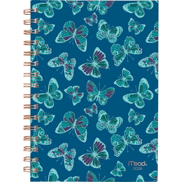 2026 Mead® Butterfly Aqua Small Weekly Hard Cover Planner with a blue hard cover featuring aqua and purple butterfly designs, copper twin coil binding that resists snagging and lays flat, and the Mead logo in copper on the bottom right corner.