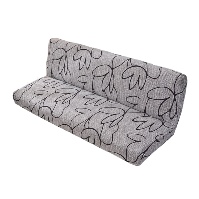 Lipstore Stretch Elastic Armless Couch Cover Folding Futon Slipcover in a grey fabric with black abstract floral patterns. Made of 92% polyester and 8% spandex, designed to fit sofas with lengths of 62.99-74.8 inches, widths of 17.71-23.62 inches, and backrest heights of 17.71-23.62 inches. Provides full protection, acts as a furniture protector, and is machine washable for easy maintenance. Suitable for homes with pets or kids.