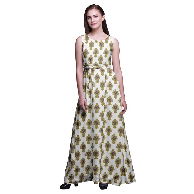 Bimba Robe Longue Décontractée à Imprimé Damassé pour Femmes, Col Rond, Sans Manches - Petit