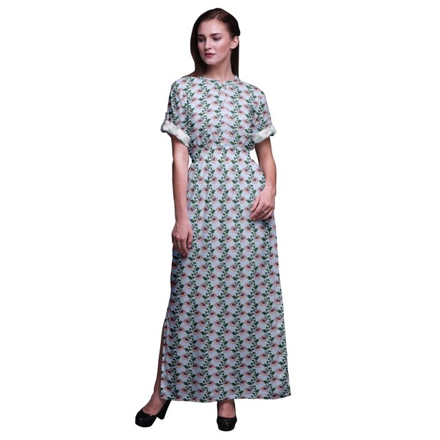 Bimba Robe Longue d'Été en Rayonne à Imprimé Floral Feuilles et Anémones, Manches Kimono, Fente, Petit