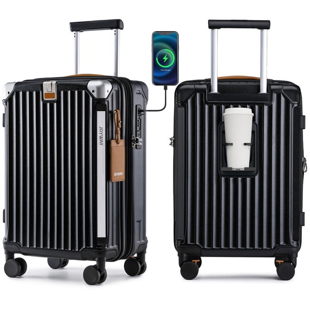 Joyway Carry-on Luggage Expandable Hard 20 inch Carry-on Luggage USB Port Cup Holder TSA Lock Suitcase. This black hard-sided luggage features a durable PC+ABS shell with a ribbed texture, eight 360-degree spinner wheels, and a retractable telescoping handle for easy maneuverability. Includes a built-in USB/USB-C charging port (power bank not included) and an integrated cup holder for added convenience. The suitcase is expandable by up to 20% and has dual interior compartments with compression straps. Equipped with a TSA-approved lock and YKK zippers for secure travel. Shown in a front and back view with a phone connected to the USB port and a cup placed in the holder.