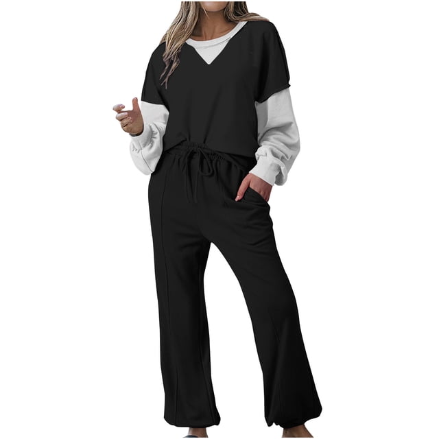 Posijego Ensemble de Survêtement pour Femmes 2 Pcs à Blocs de Couleur Col Rond Chandail Chandails en Molleton Pantalons Tenues de Détente