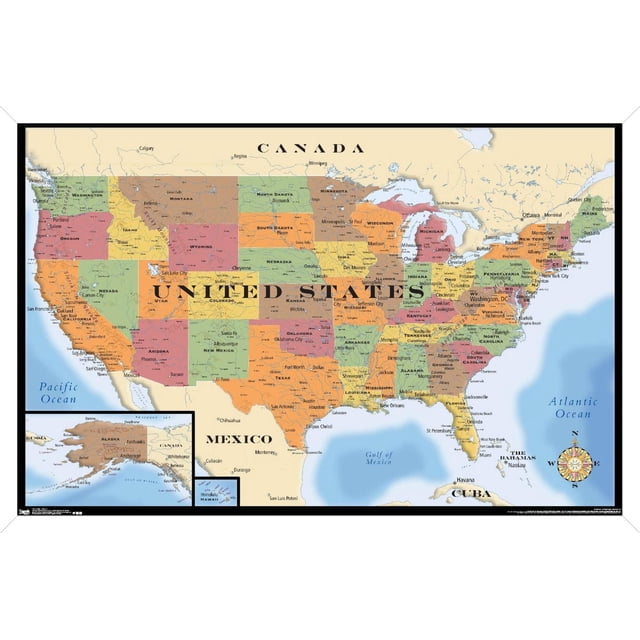 Map - USA Wall Poster, 22.375" x 34" Framed showing a color-coded political map of the United States with labeled states, major cities, and capitals. Includes inset maps of Alaska and Hawaii, bordered by Canada, Mexico, and the Pacific and Atlantic Oceans, with a compass rose in the lower right. Suitable for home, office, or educational wall decor.
