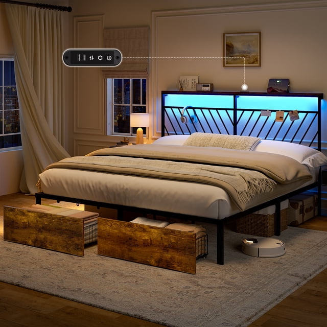 GUNAITO King Bed Frame with 48.8 " High Storage Headboard and 2 Drawers, Metal Platform Bed with LED & Charging Station, Rustic Brown