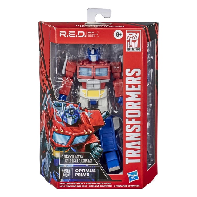 Transformers R.E.D. The Transformers G1 Optimus Prime 6-inch non-converting action figure in red, blue, and white with 4 alternate hands, Ion Blaster, and Energon Axe accessories, highly poseable and screen-accurate, suitable for ages 8 and up.