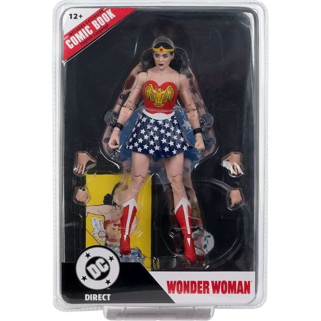 DC Multiverse Comics Page Punchers Wave 9 - Wonder Woman (Wonder Woman #1) 7 Inch Action Figure by McFarlane Toys. The figure features Wonder Woman in her classic outfit with a red top, golden eagle emblem, blue skirt with white stars, and red boots. Includes interchangeable hands, a collectible art card with character art and biography, and an English-only reprint of Wonder Woman #1 comic book. Packaged in a clear display box with DC Direct branding.