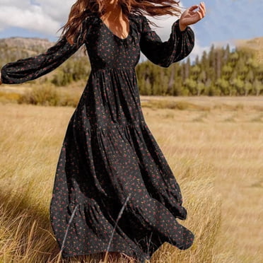 Jienlioq Women Dress Clearance Women Fashion Casual Chiffon Hedging V-Neck Large Pendant Long Sleeve Floral Dress