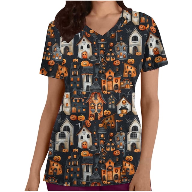 Hauts Funicet pour Femmes,Shorts pour Femmes,Haut de Travail à Col en V pour Femmes Imprimé d'Halloween à Manches Courtes avec Poche,Hauts à Manches 3/4 pour Femmes,Hauts d'Halloween pour Femmes