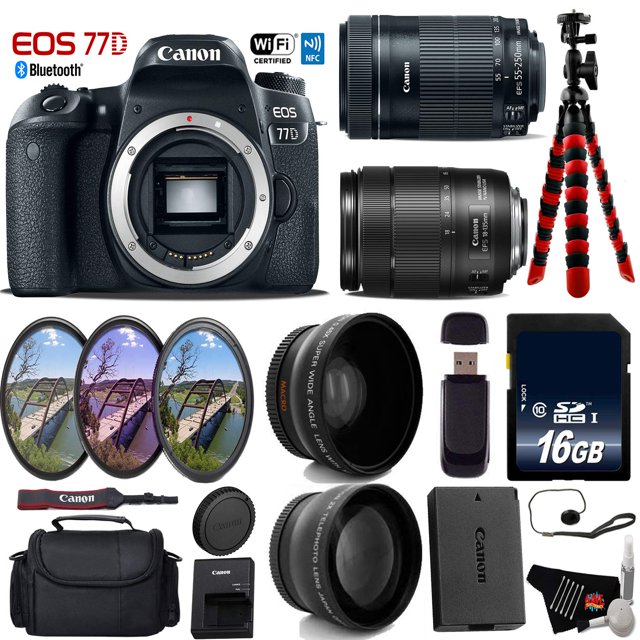 Canon EOS 77D DSLR Camera with 18-135mm is USM Lens & 55-250mm is USM Lens + UV FLD CPL Filter Kit + Wide Angle & Telephoto Lens + Camera Case + Tripod + Card Reader - Intl Model