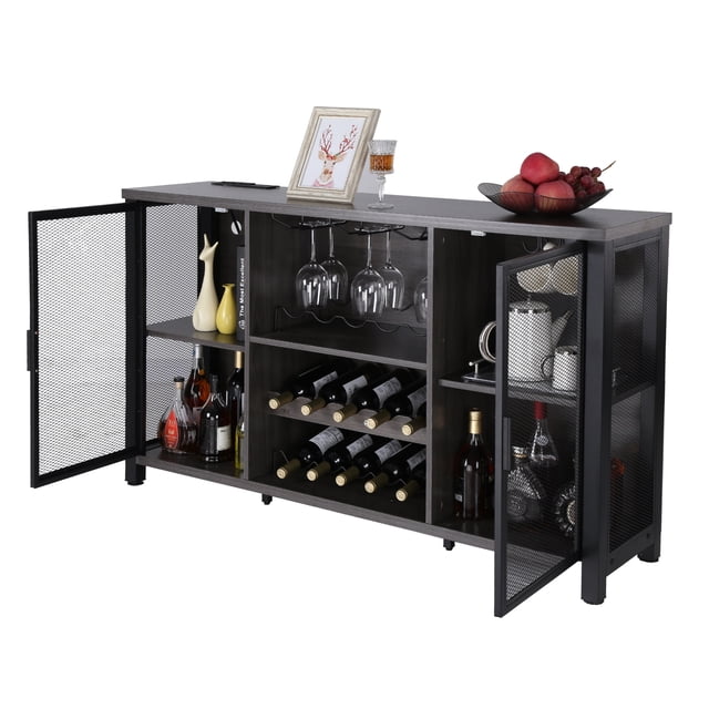 KFFKFF 47 Inch Commercial Bar Storage, a rustic wooden beverage cabinet with a grey finish, featuring multiple compartments for wine bottles, glassware, and spirits. The cabinet includes a wine holder for up to 10 bottles, removable mug holders, and mesh doors for added style. It measures 55x13.8x32.3 inches and is constructed from durable MDF board with a 250 lb weight capacity. The top surface is styled with decor items, and the cabinet is suitable for dining rooms, kitchens, or bar areas.