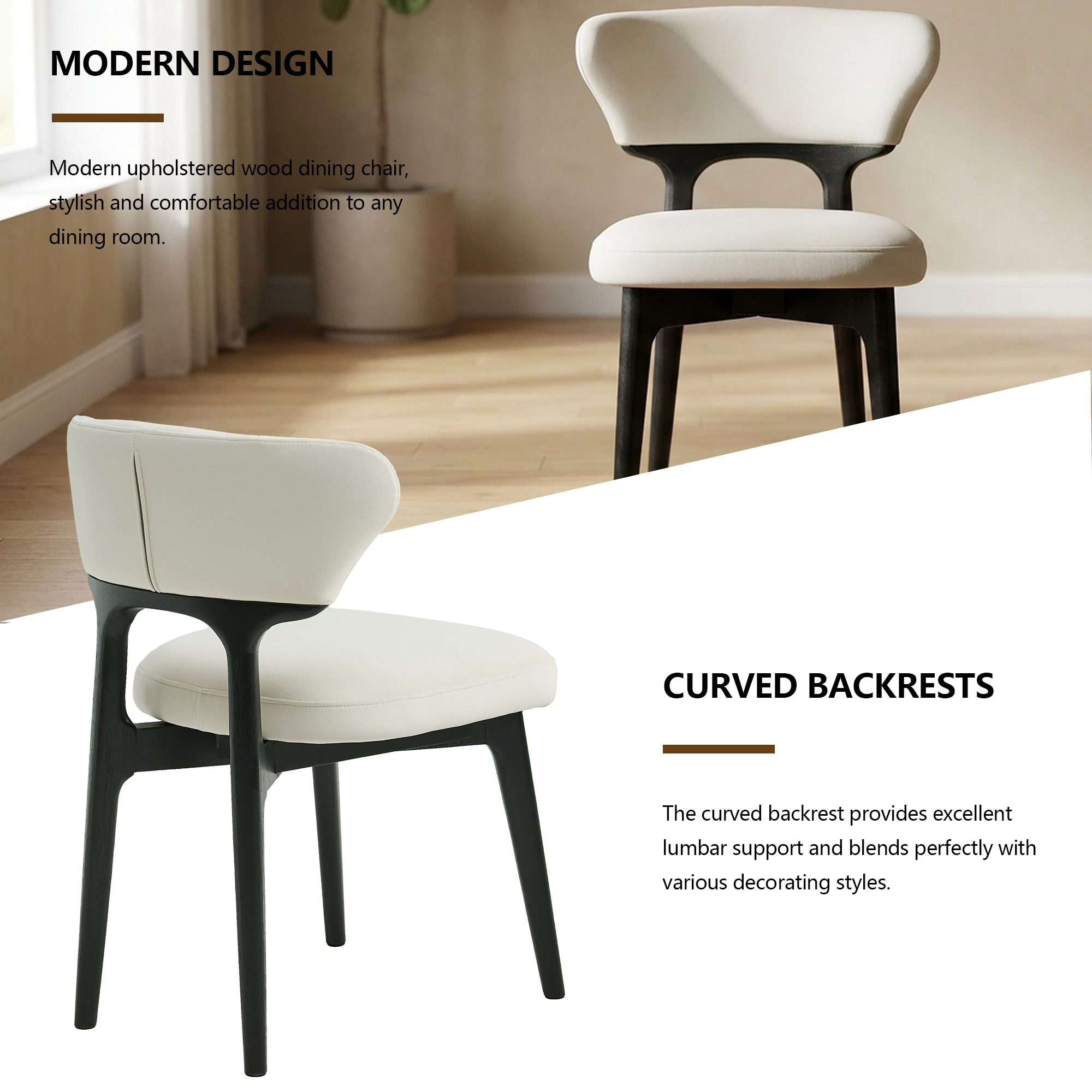 Noble House Solid Wood Dining Chairs Set of 2 Black Upholstered Kitchen Chairs