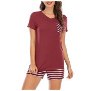 GDREDA Women's Pajamas Women Summer Pajamas Striped V Neck Pocket Short Sleeve Shorts Pajama Set Women Pajama Sets pyjamas Wine,XL