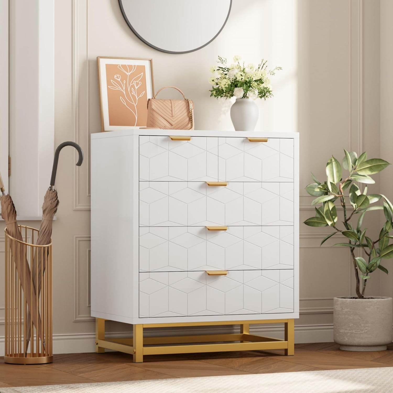 White 5 Drawer Chest of Drawers for Bedroom, Hallway, Chest of Drawers with Metal Base, Closet, Modern Dresser Chest Cabinet Organizer for Living Room