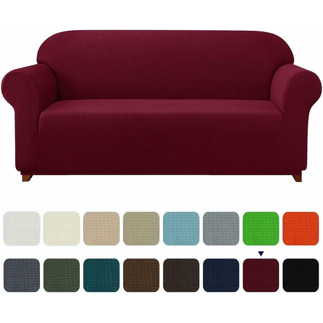 Subrtex Housse de Canapé Extensible 1 Pce Slipcover Antidérapante avec Motif Quadrillé Texturé de Couleur Rouge Foncé. la Slipcover Est Montrée Ajustée sur un Sofa Trois Places avec Accoudoirs Arrondis, Montrant Son Ajustement Serré et Ses Coins Élastiques. sous le Sofa, une Sélection de Couleurs Disponibles Est Affichée, Incluant beige, Vert, Bleu et Noir. Fabriquée en 85 % polyester et 15 % Élasthanne, Cette Slipcover Est Douce, durable et Lavable à la machine, Idéale pour Protéger les Meubles contre les Déversements, les Taches et l'Usure. Convient à Divers types et Tailles de Sofa