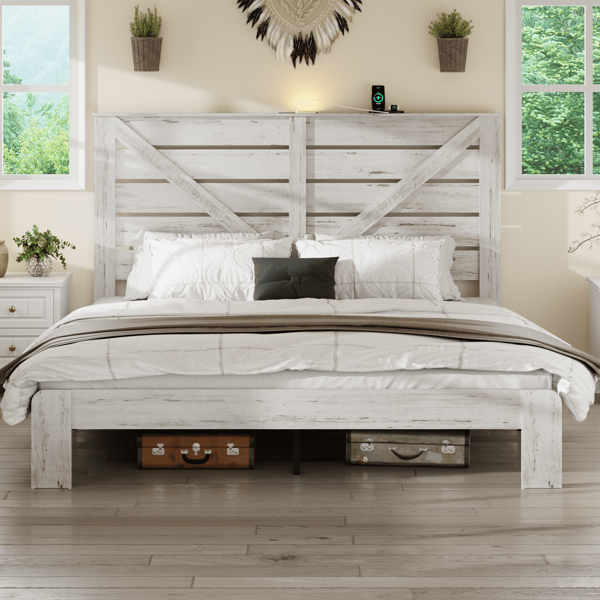 Noble House Queen Wood Platform Bed,Underbed Storage & Charging Station with White Headboard Light,Metal Base,White