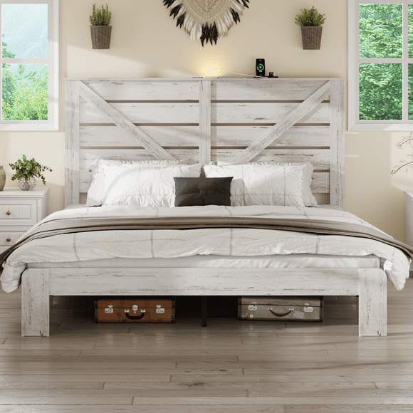 Noble House Full Wood Platform Bed,Underbed Storage & Charging Station with White Headboard Light,Metal Base,White