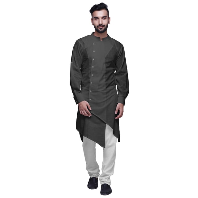 Atasi Button Down Long Kurta For Men Solid Chinese Collar Casual Ethnic Kurtas-X-Large